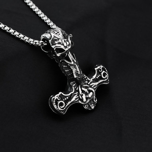 Men's Stainless Steel Viking Thor Hammer Pendant Necklace Retro <b>Cross</b> Design Asymmetry Geometric Jewelry For Clothing Matching - Product Image 1