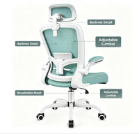 Chaise de bureau ergonomique à dossier haut en maille avec appui-tête réglable, support lombaire et accoudoirs rabattables, mobilier commercial