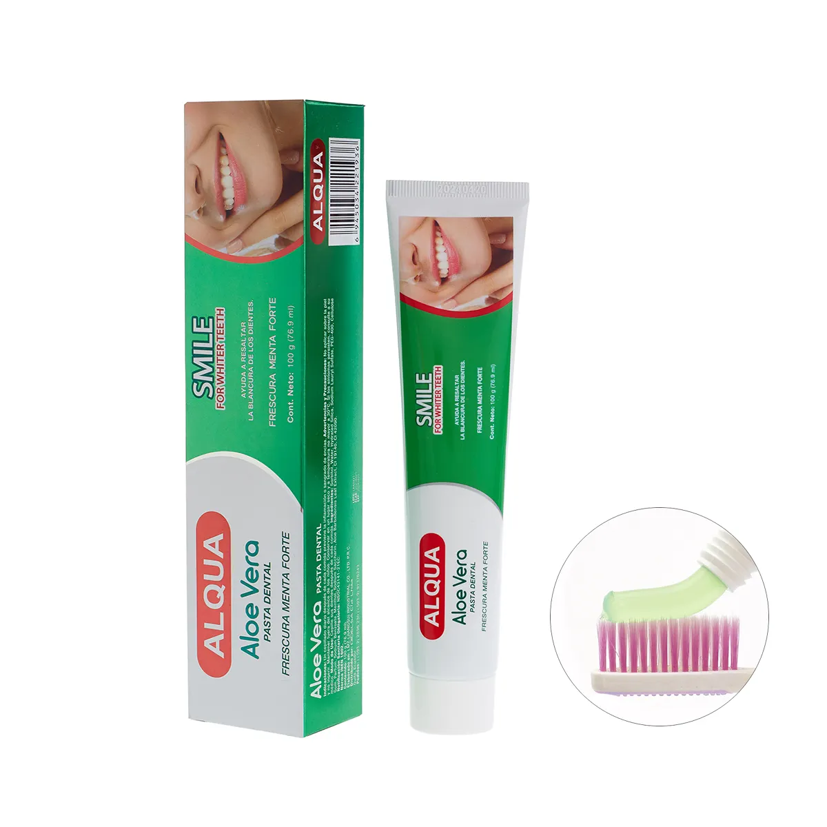 Pasta de dientes de aloe vera para blanqueamiento dental, sin fluoruro, respiración fresca, 100g /150g/205g, OEM/ODM, muestra gratis