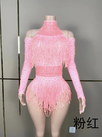 Justaucorps de scène sexy pour femme adulte, orné de strass et de franges, en spandex et polyester à manches longues
