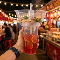 Gobelet en plastique transparent avec plateau à collation intégré 2-en-1, idéal pour les plats chauds, très populaire sur les réseaux sociaux pour la vente de nourriture de rue et de boissons