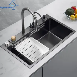 Nano Step Modern Style Smart Black Kitchen Sinks Stainless Steel Waterfall Faucet Kitchen Sink With Cup Washer