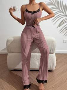 Pyjama d'été confortable pour femme, en tricot côtelé, sans bretelles, respirant, taille haute avec soutien élastique à la taille, vêtements <span class=keywords><strong>de</strong></span> nuit - Product Image 1