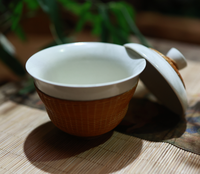 Bol à couvercle Artisan Soda Glaze-Bol à thé recouvert de bambou tissé à la main, ensemble de chawan Yunomi en céramique de style japonais