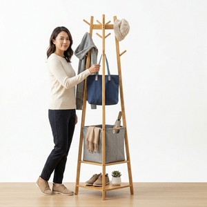 Porte-manteau en bambou peu encombrant avec panier en tissu, organisateur de vêtements pour entrée, support autoportant pour chambre à coucher - Product Image 3
