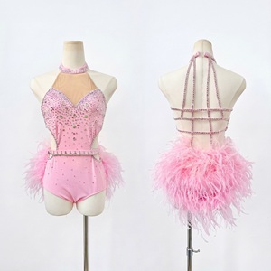 Pink Rhinestone <b>Feather</b> Halter Ballet Dance Costume Strappy Back Competition Costume for Jazz Contemporary Lyrical Stage Show - Product Image 1