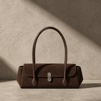 Tas Selempang Wanita Model Turn Lock Flap, Bahan Suede Terstruktur, Pegangan Ganda, Kulit Asli, Grosir, Eceran, Sumber Produk