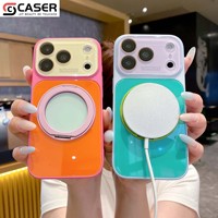 Nouvelle tendance : Coque magnétique contrastée avec texture verre et support, protection d'objectif pour iPhone 13-17, 18 Pro/Pro Max