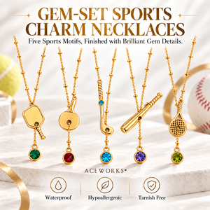 Colliers à breloques sportives sertis de pierres précieuses |   Colliers pendentifs en acier inoxydable plaqué or PVD 18 carats avec zircons CZ, motifs tennis, baseball, hockey et pagaie - Product Image 1