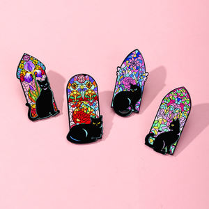 Emaille Barok Retro Zwarte Kat Glas-in-lood Zinklegering Pins - UV-geprinte reversbadge cadeau voor retrofans & kleding/tasdecoratie - Product Image 2