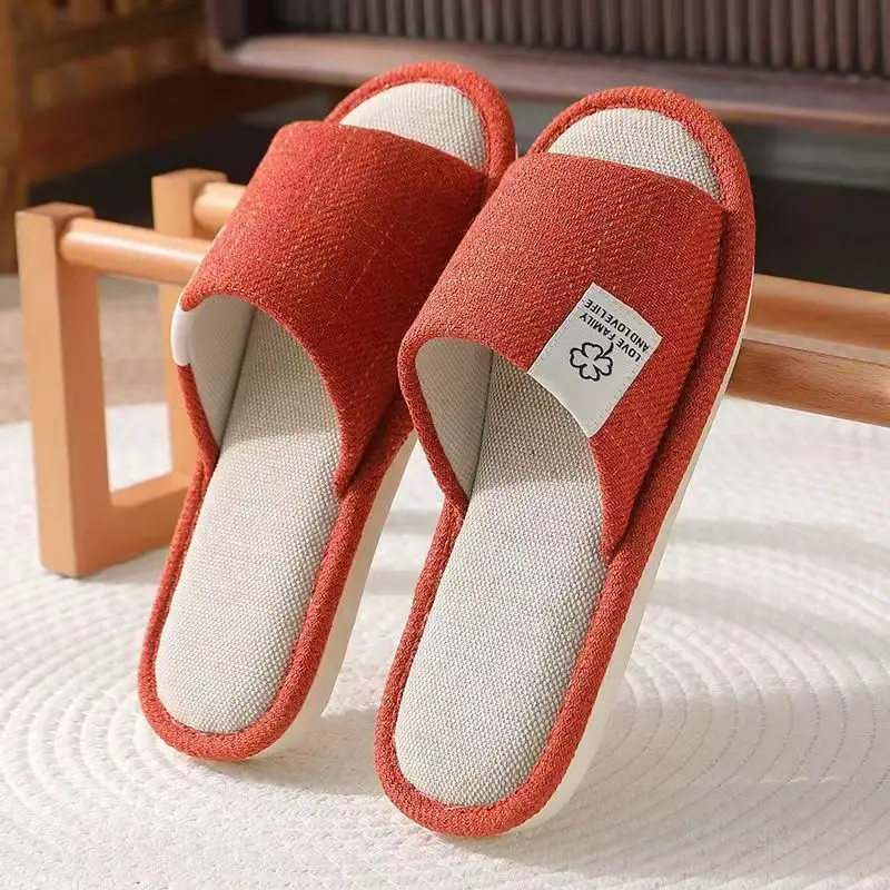 Zapatillas de lino casa de verano transpirable antideslizante tela de lino indor zapatilla de algodón