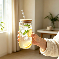 Tasses à café en verre, mugs, verrerie personnalisée, gobelets à eau, verres à boisson glacée avec couvercle en bois et paille