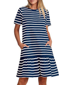Robe d'été à rayures pour femmes, à la mode, décontractée, à col rond, à manches courtes avec poche - Product Image 1