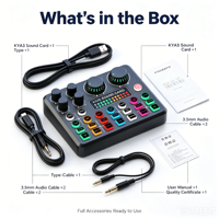 Carte son live KYA3, mixeur audio pour suppression du bruit, double streaming, effets RGB, batterie 1800 mAh pour podcast et streaming
