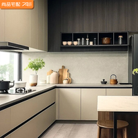 Ensemble d'armoires de cuisine en bois contreplaqué personnalisées modernes Wision Free Design, en forme de L, avec îlot de cuisine en verre, table à manger