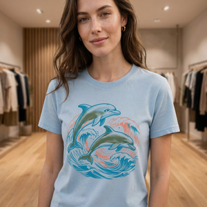 Camiseta informal de verano con estampado de delfines retro, cómoda, de manga corta y cuello redondo, color azul claro, para mujer - Product Image 1