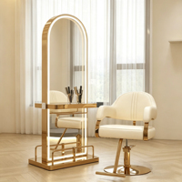 Miroir de salon éclairé par LED avec cadre en acier inoxydable doré, miroir de coiffure avec étagère de table