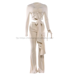 Women's 2 Piece <b>Set</b> Long Sleeve Cutout Crop Top & High Waist Flare Pants With <b>Tie</b> Detail Fashion - Product Image 5