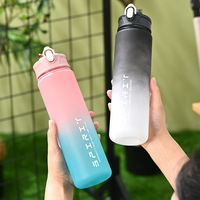 Bouteille d'eau de sport portable avec poignée en corde, pour fitness, avec paille, vente en gros, 800 ml, en plastique dégradé givré