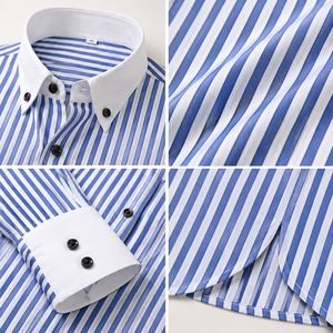 Camisas de vestir para hombre de lujo con rayas azules, cuello en contraste, manga larga, corte ajustado, camisa formal de negocios, logotipo bordado personalizado - Product Image 2