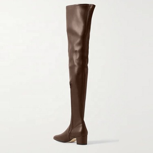 Bottines en cuir marron pour femmes, talons carrés bas fantaisie de 4 cm, grandes pointures US 13, bottes longues au-dessus du genou pour femmes aux pieds larges - Product Image 4