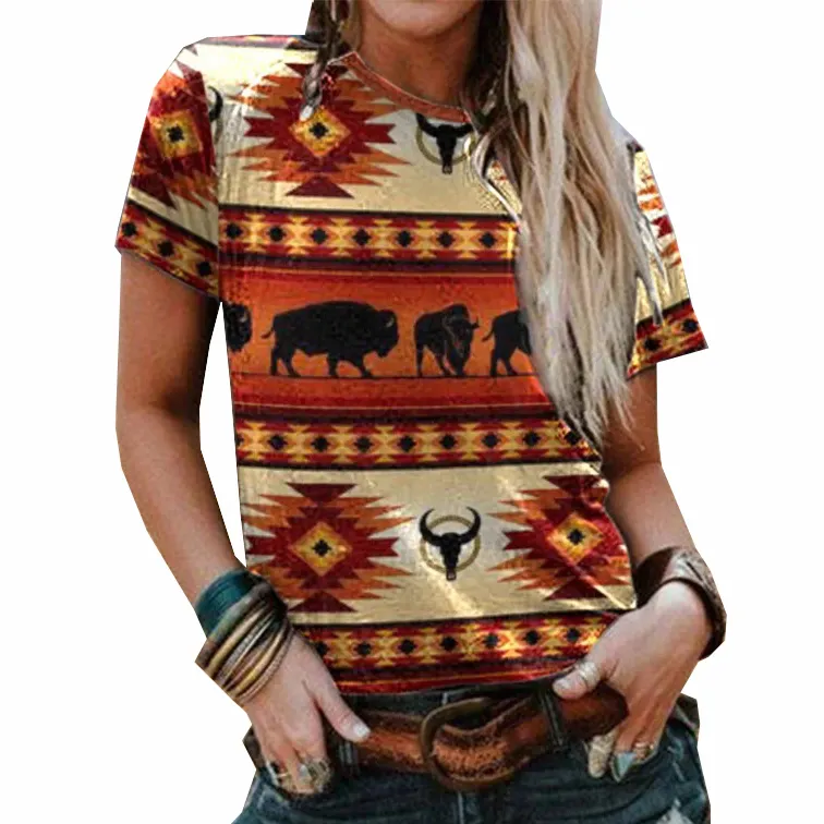 Southwest women native american retro short sleeve round neck t shirt
