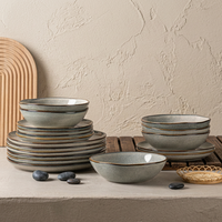 Service de vaisselle en céramique gris à glaçure réactive avec bordure marron, assiettes rétro et bols à dessert pour la maison, les cafés et les restaurants (vente en gros)