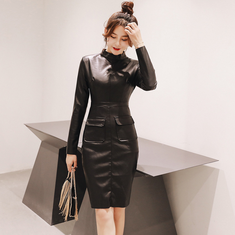 Long Sleeve Long Black Dress - Black Leather Dress - Midi Length Long Sleeve Long Black Dress - Black Leather Dress - Midi Length