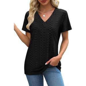 Camiseta con cuello en V FOXA para mujer, corte holgado, manga corta, suave, negra, informal, para verano - Product Image 3