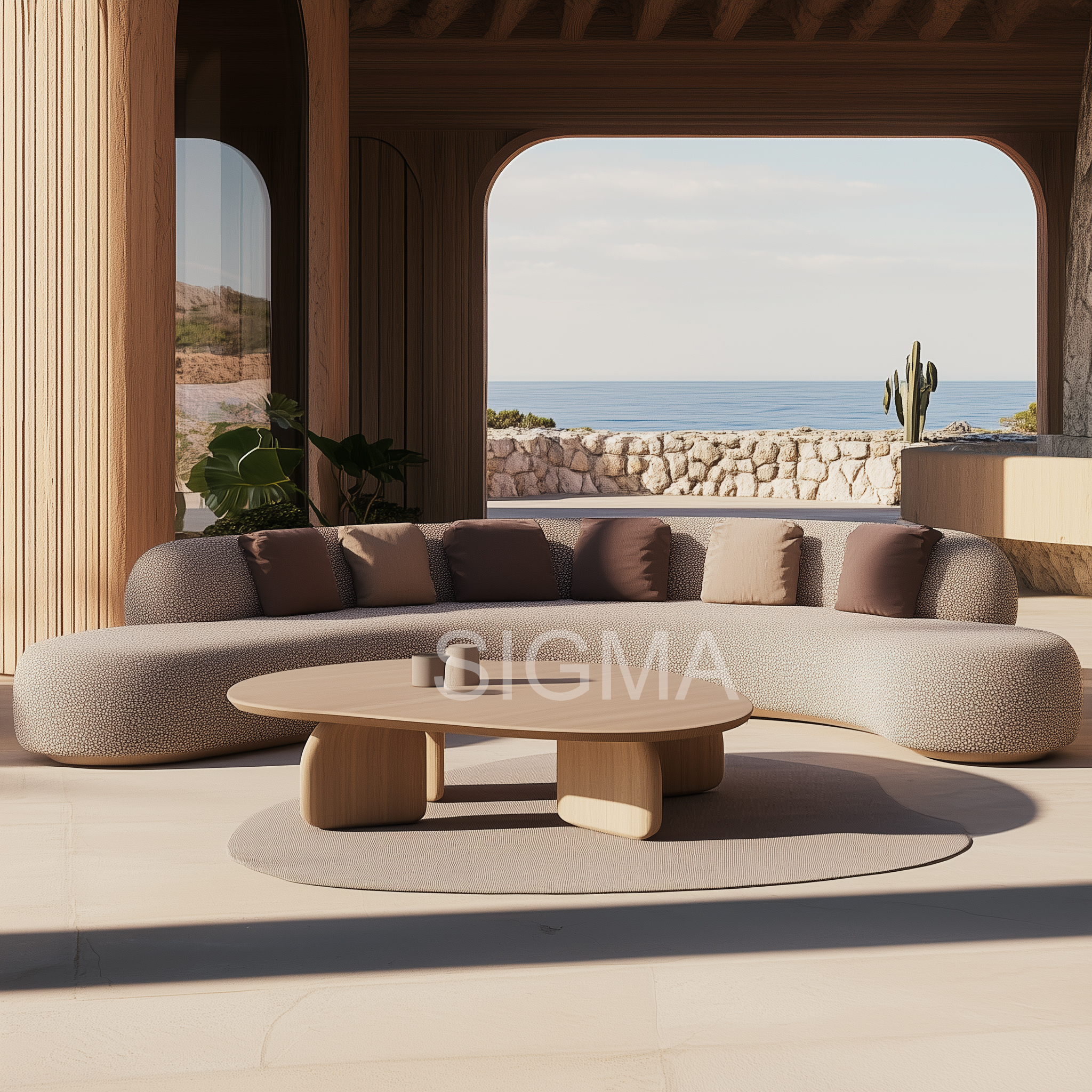 Luxury Design Patio Outdoor Furniture Minimalism Upholstered Wooden Modular Chaise Teak Wood Frame Sectional Sofas