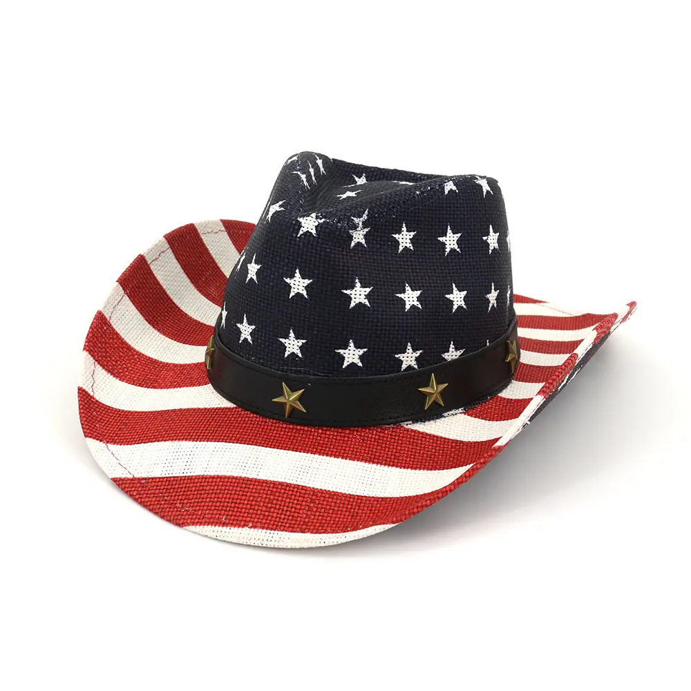 2024 नई आगमन काउबॉय स्ट्रॉ टोपी थोक कस्टम अमेरिकी ध्वज प्रिंट पेपर ब्रैड स्ट्रॉ काउबॉय टोपी पनामा टोपी पुरुषों यूनिसेक्स के लिए
