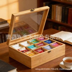 กล่องเก็บถุงชาและกาแฟไม้พร้อมฝาแก้ว 31.7X28X11.4 ซม. หลายช่องสำหรับถุงชาสมุนไพรและชานม - Product Image 4