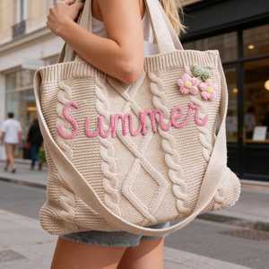 Sac fourre-tout personnalisé en polyester tricoté à motif torsadé, imprimé sérigraphié, tendance transfrontalière, motif tissé uni vertical carré - Product Image 2