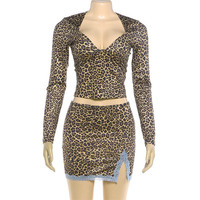 Ensemble 2 pièces imprimé léopard pour femme, tendance sexy, haut court à col bas et manches longues, jupe à bordure en dentelle, tenue de mode