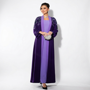 Vestido de Noche Formal Largo de Gasa Morada para Mujer Awais House con Bordado de Cuentas, Mangas Largas y Chaqueta, Cintura Natural - Product Image 1