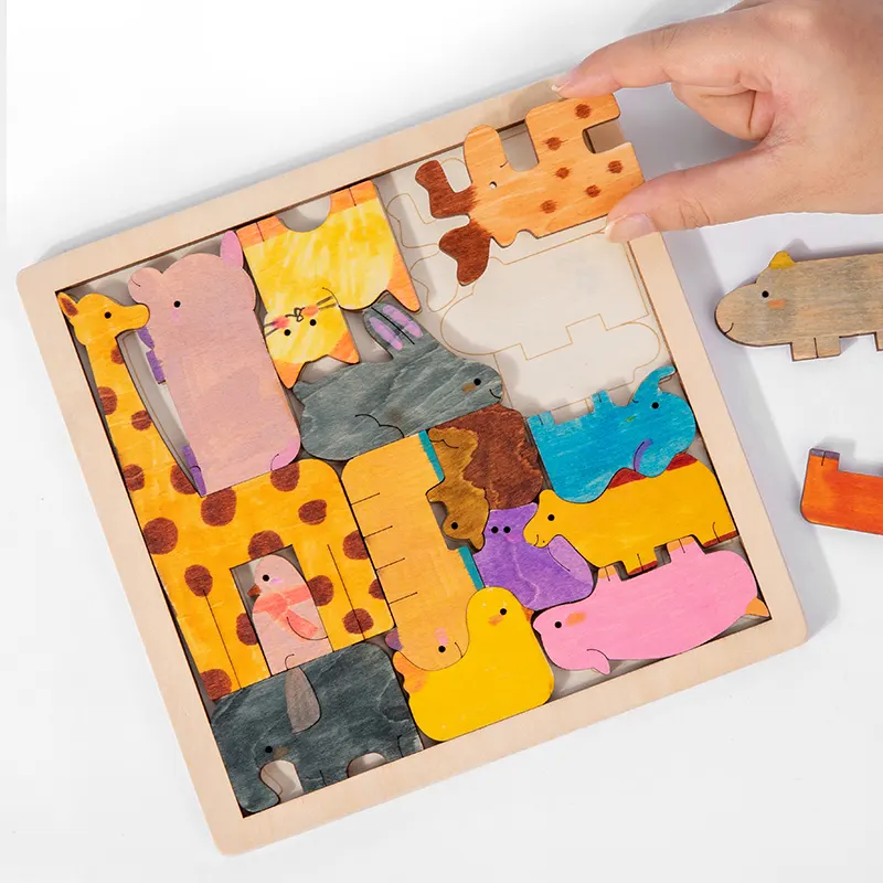 Giocattolo educativo in legno simpatico animale Puzzle blocchi di pittura Graffiti giocattolo disegnato a mano Puzzle per bambini