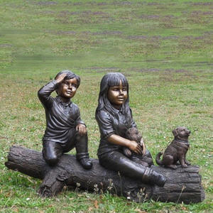 Decoración de jardín tallada a mano hermoso niño niña arte artesanal y fundición latón animal perro escultura al aire libre bronce niños estatua - Product Image 1