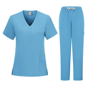 Women's Scrub Set V-Neck Short Sleeve Blue Medical Uniform Hospital Workwear Split Design With Pockets For Nurses And Staff - Product Image 1