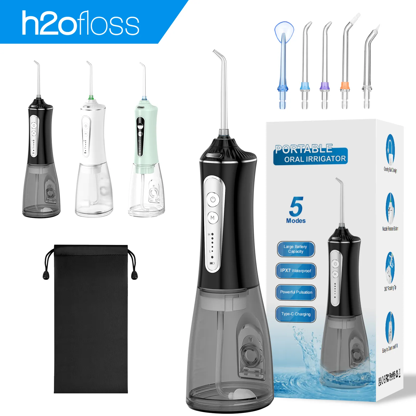 h2ofloss 2000mAh IPX7 Whitening Oral Irrigator 300ML Water Tank Water Pick Type-C Oral Professional Dental Water Floss