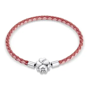 SCB219 Hot Sales Genuine Silver Bracelet Jewelry Classical Clover Leather Bracelet 925 Sterling Silver Trendy OEM ODM Customized