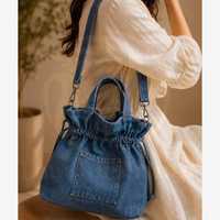 B.R. FASHIONS Tas Selempang Denim Gaya Bohemian untuk Wanita, Tas Jinjing Kasual Bergaya dengan Tiga Pegangan, Dapat Digunakan Sehari-hari