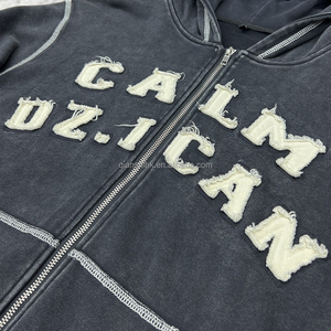 Sweat à capuche épais surdimensionné vintage brodé avec fermeture éclair, streetwear, double fermeture éclair, coton, lavage à l'acide, pour homme - Product Image 4