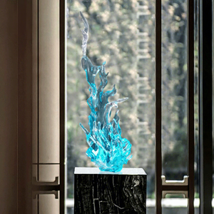 Sculpture abstraite en forme de vague, effet d'eau bleue transparente, 480x350x910mm, décoration artistique pour hall d'hôtel et club-house - Product Image 2