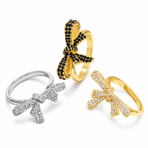 Bague Cocktail Nœud Papillon pour Femme, Zircon Cubique Micro-Pavé, Bague Ajustable Tendance pour Fête et Quotidien, Bijou de Mode - Product Image 1