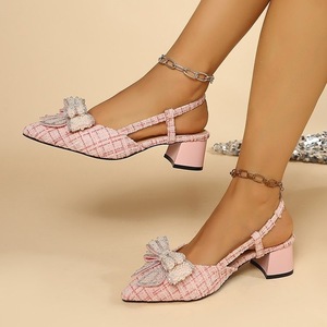 Zapatos de Tacón Grueso con Tela a Cuadros para Mujer, con Lazo de Pedrería Brillante, Zapatos de Fiesta - Product Image 1