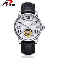 Montre mécanique en cuir pour homme, squelette, avec boucle en acier inoxydable, verre minéral, perle, mode unisexe, personnalisable
