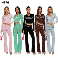Nouvel ensemble lounge 2 pièces premium personnalisé avec logo pour femme : sweat à capuche court zippé et pantalon évasé – Tenues d'été 2026 Streetwear Y2K