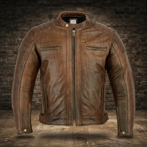 Veste en cuir marron rétro pour homme, col montant, fermeture éclair, style motard, pour l'automne et l'hiver - Product Image 4
