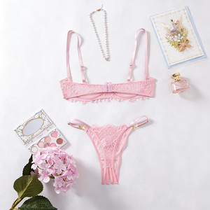 时尚清新甜美粉色印花多色可选蝴蝶结吊带女式内衣文胸套装 - Product Image 5