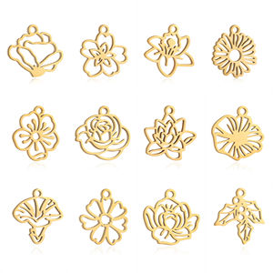 Espejo pulido 12 meses de nacimiento flor encantos Acero inoxidable Rosa amapola acebo lirio de agua colgantes joyería hacer hallazgos - Product Image 1